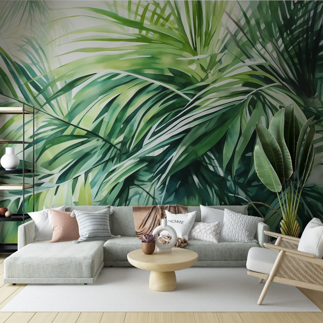 Gekreuzte grüne Palmwedel in einem Interieur