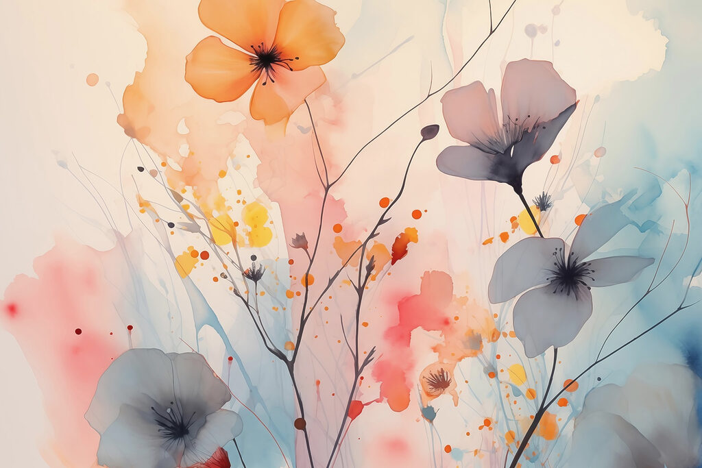 Blumen in Aquarellflecken — ganzes Design
