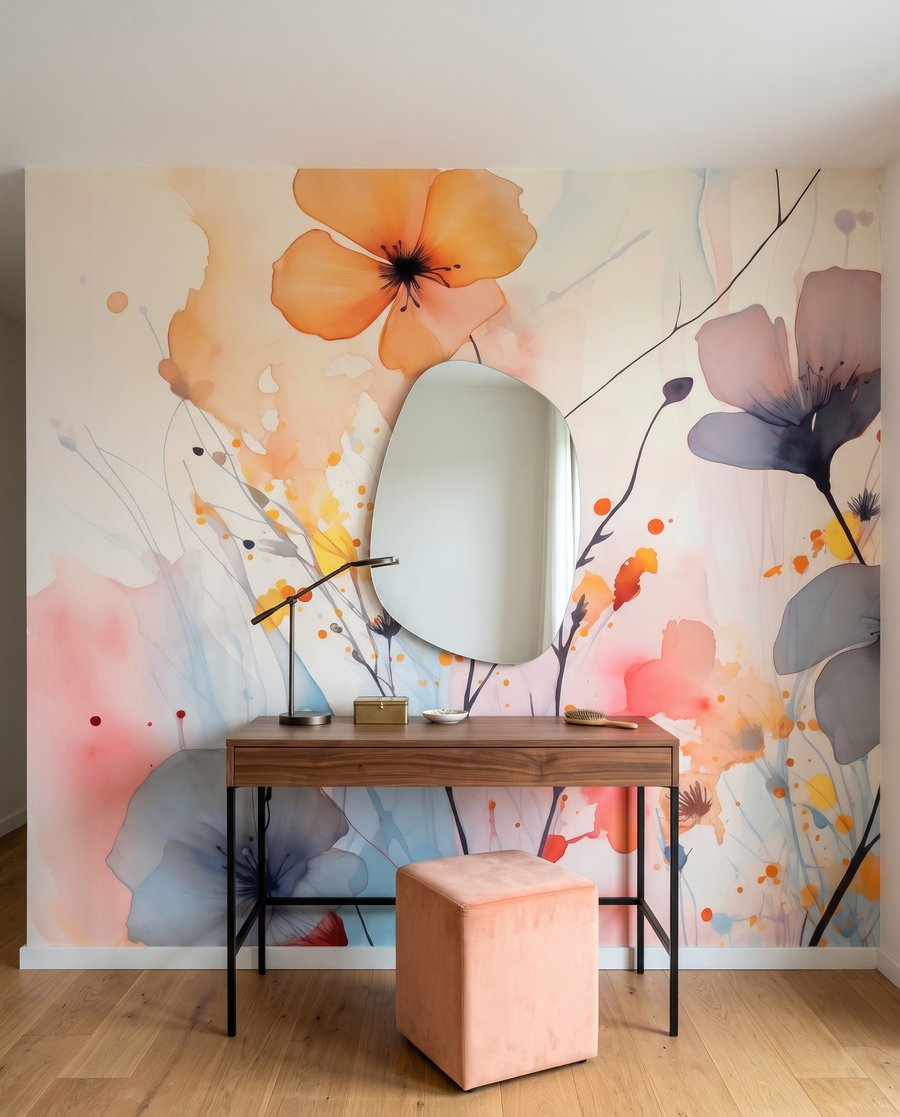 Blumen in Aquarellflecken in einem Interieur