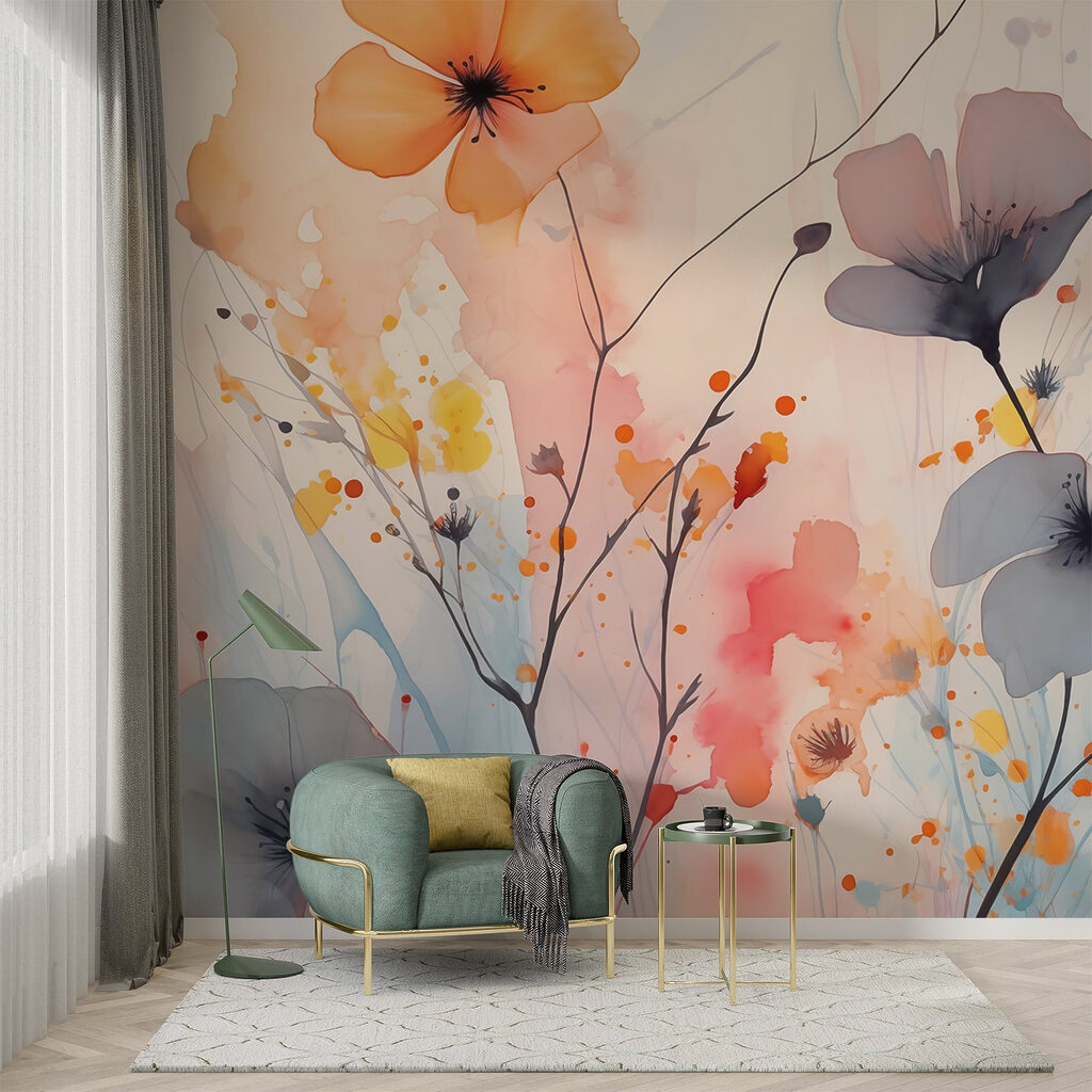 Blumen in Aquarellflecken in einem Interieur