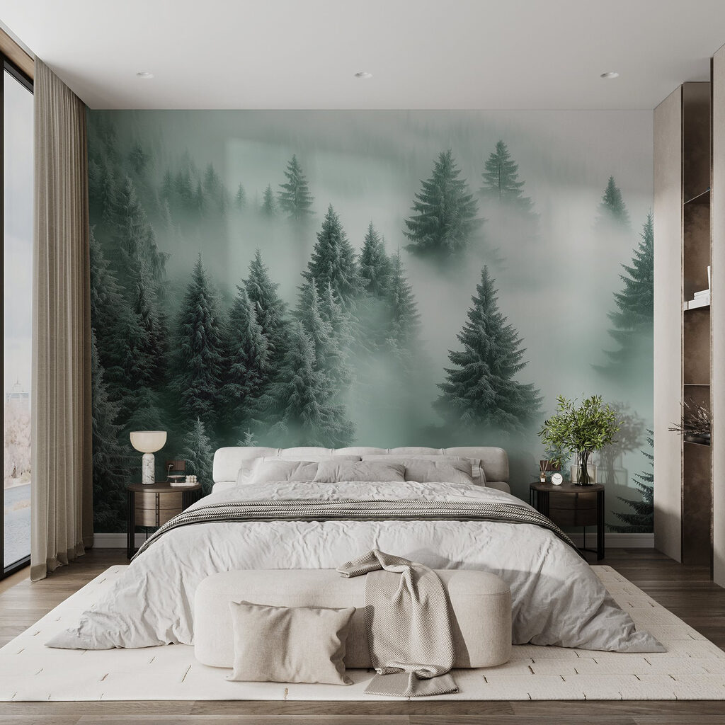 Tannen im Wolkennebel in einem Interieur