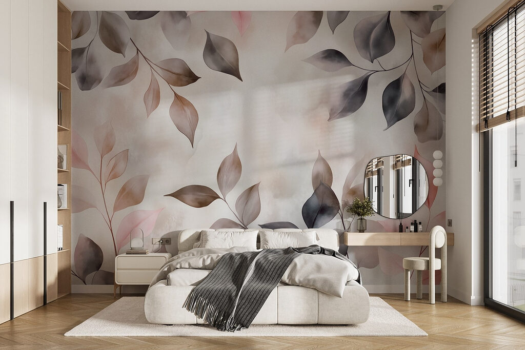 Blattzweige in rosa Schatten in einem Interieur