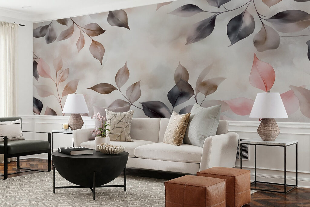 Blattzweige in rosa Schatten in einem Interieur