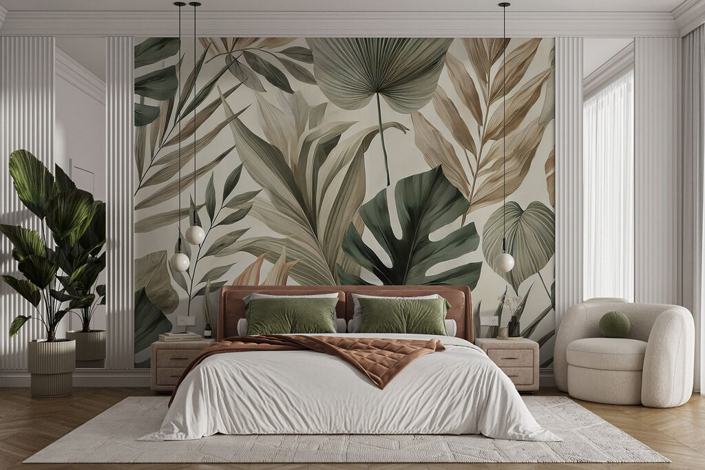 Tropische Blätter in Naturtönen in einem Interieur