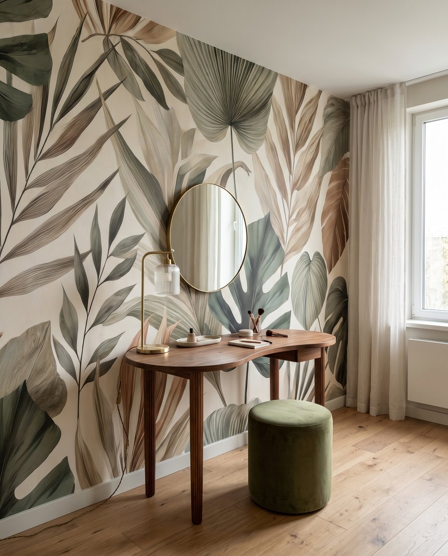 Tropische Blätter in Naturtönen in einem Interieur