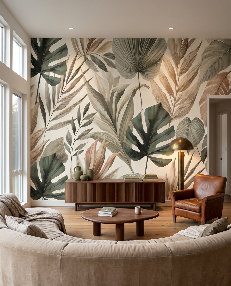 Tropische Blätter in Naturtönen in einem Interieur