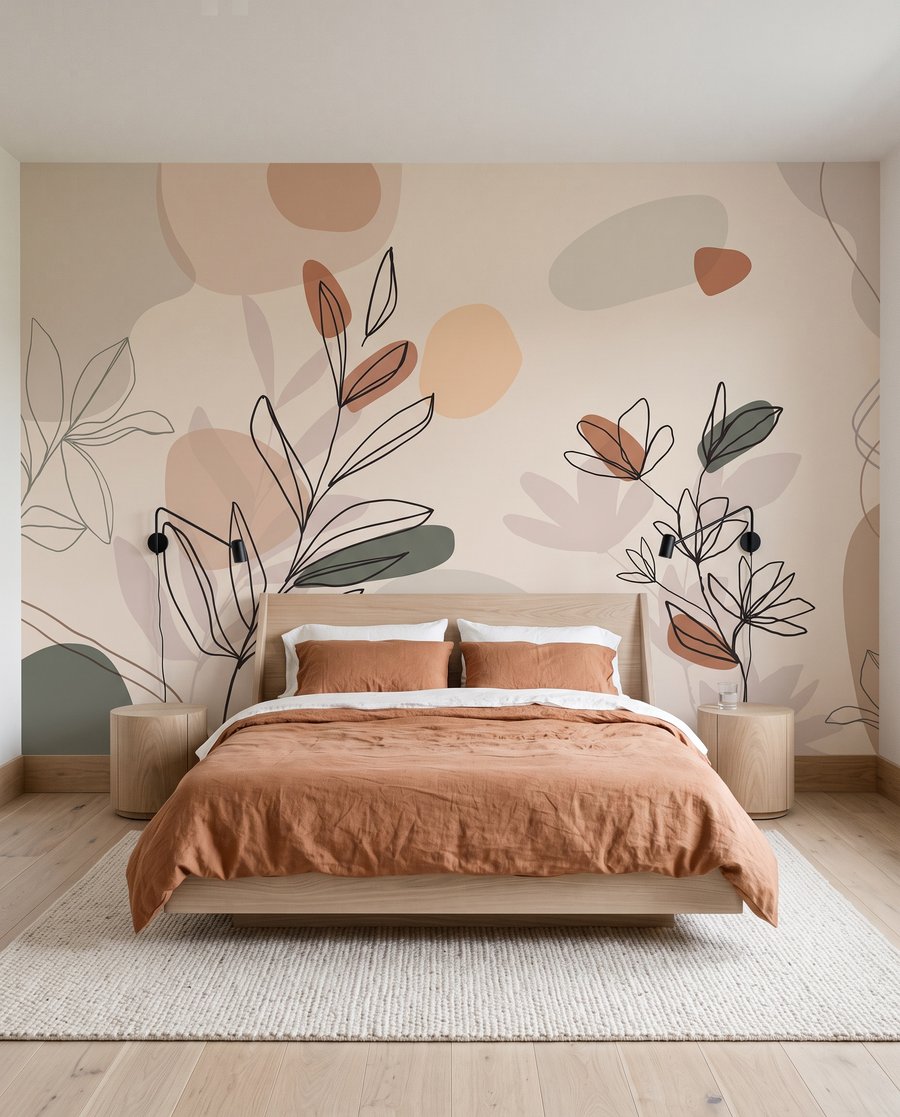 Gezeichnete Zweige auf Farbflächen in einem Interieur