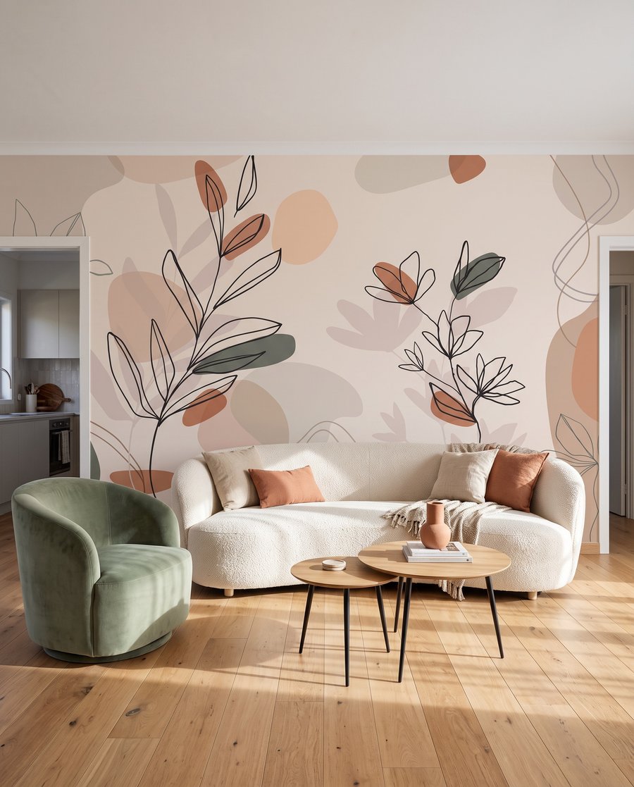 Gezeichnete Zweige auf Farbflächen in einem Interieur