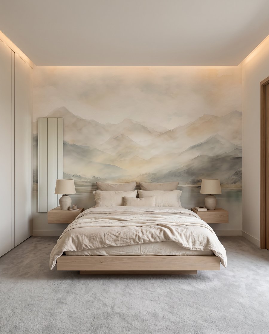 Nebelberge am stillen Wasser in einem Interieur