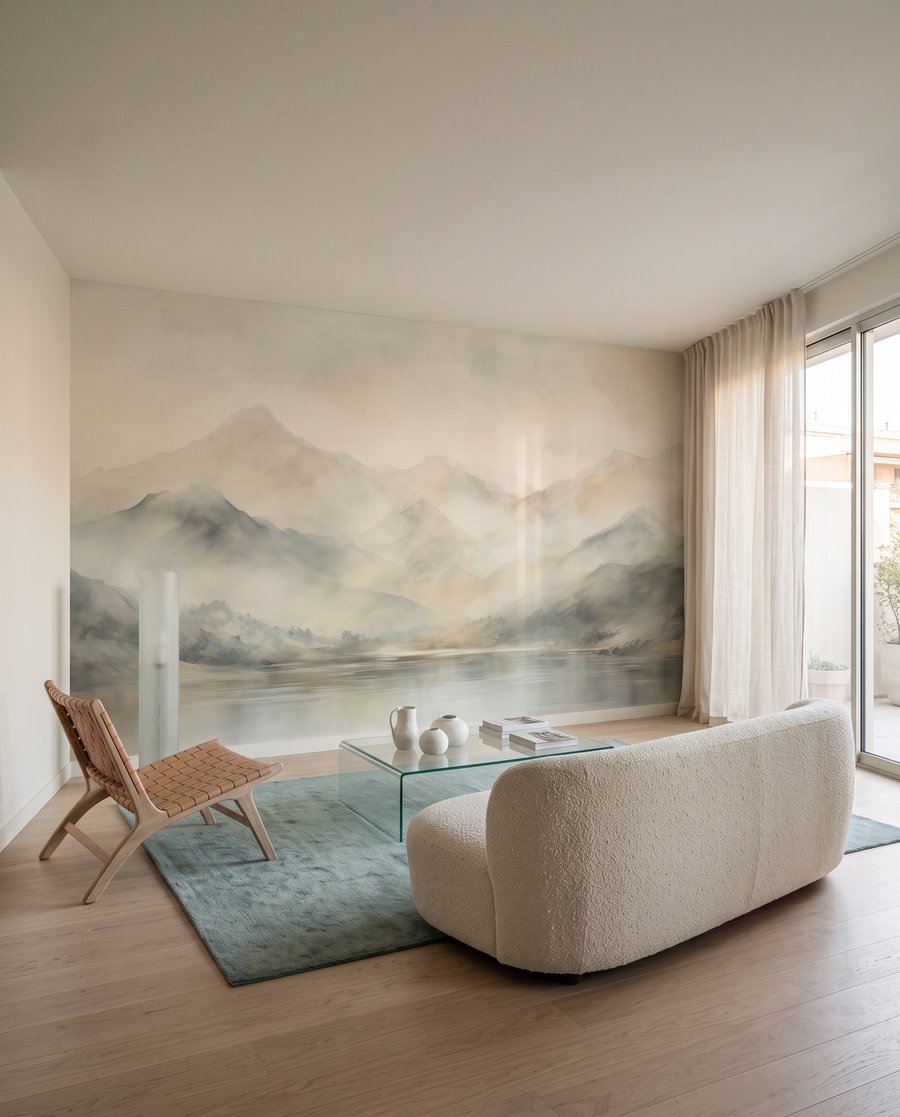 Nebelberge am stillen Wasser in einem Interieur