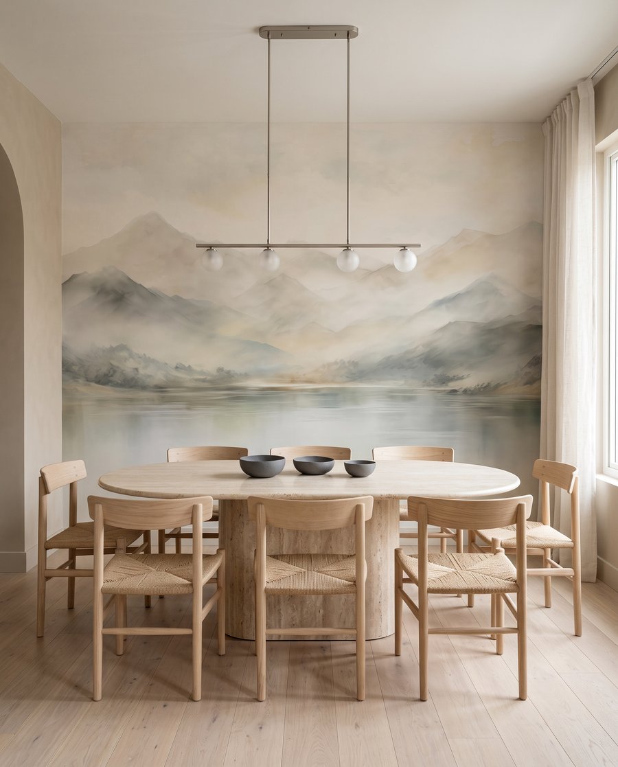 Nebelberge am stillen Wasser in einem Interieur