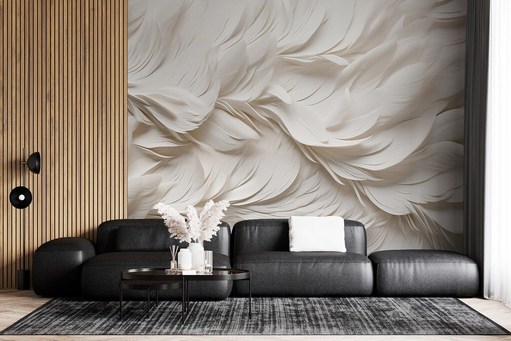 Weiße Federn in Schichten in einem Interieur