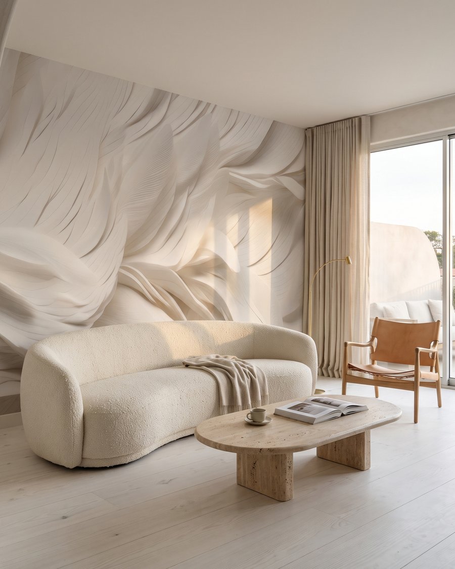 Weiße Federn in Schichten in einem Interieur