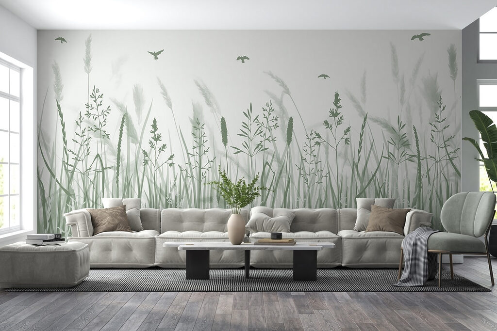 Vögel über hohen Halmen in einem Interieur