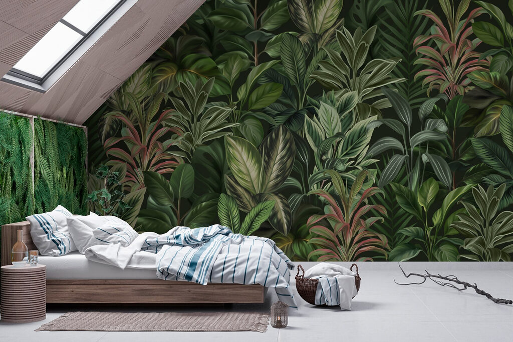 Dschungel in tiefem Grün in einem Interieur