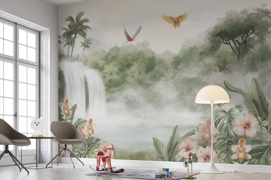 Wasserfall mit Tropenvögeln in einem Interieur
