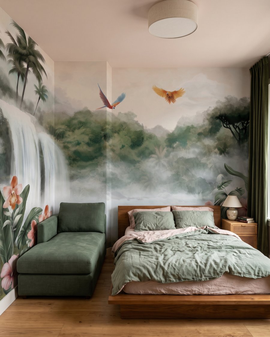 Wasserfall mit Tropenvögeln in einem Interieur