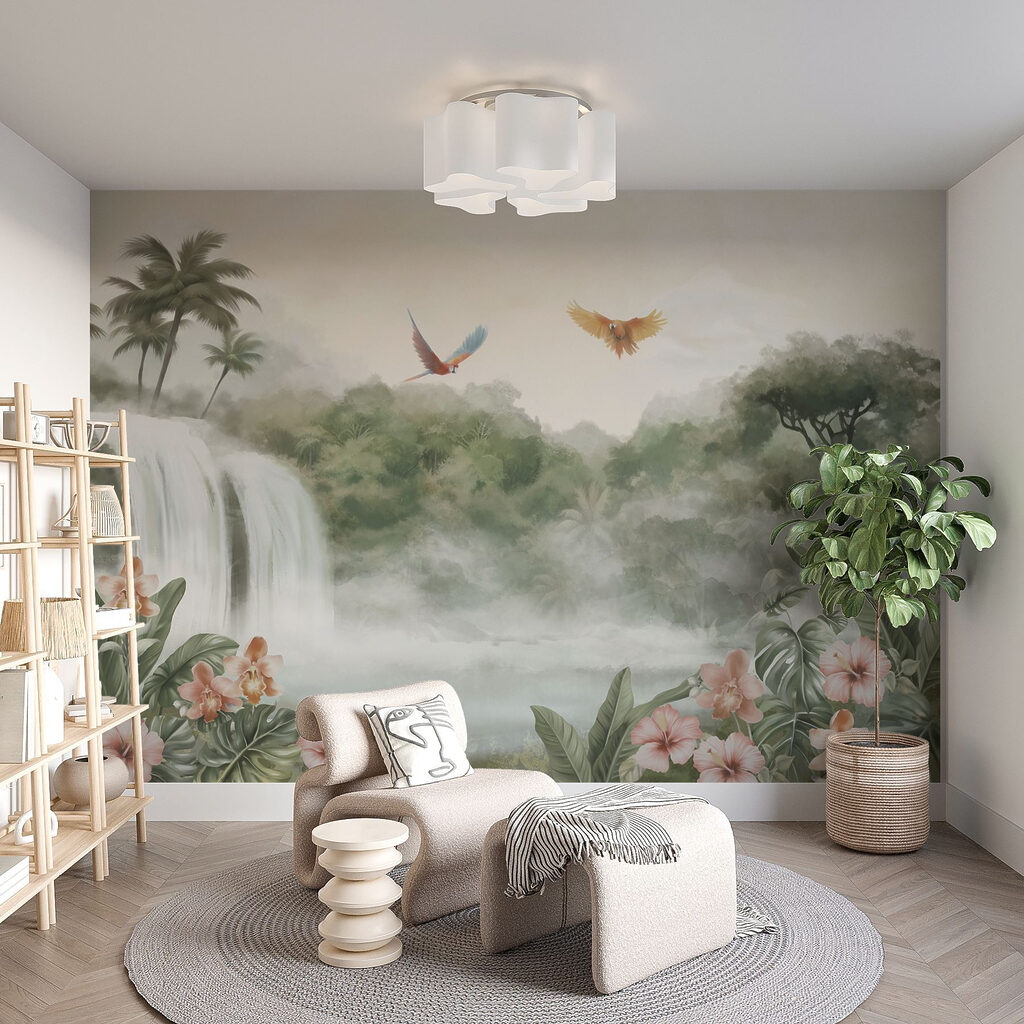 Wasserfall mit Tropenvögeln in einem Interieur