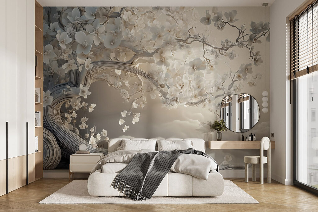 Blütenbaum über Wellen in einem Interieur