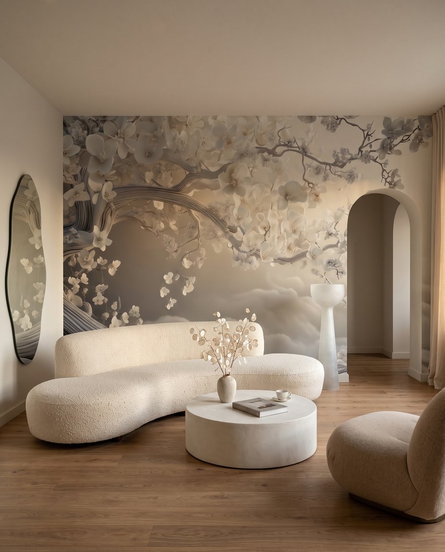 Blütenbaum über Wellen in einem Interieur