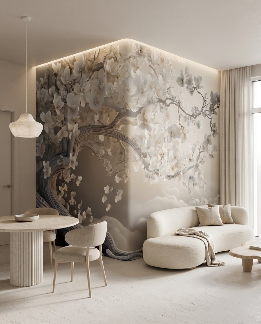 Blütenbaum über Wellen in einem Interieur