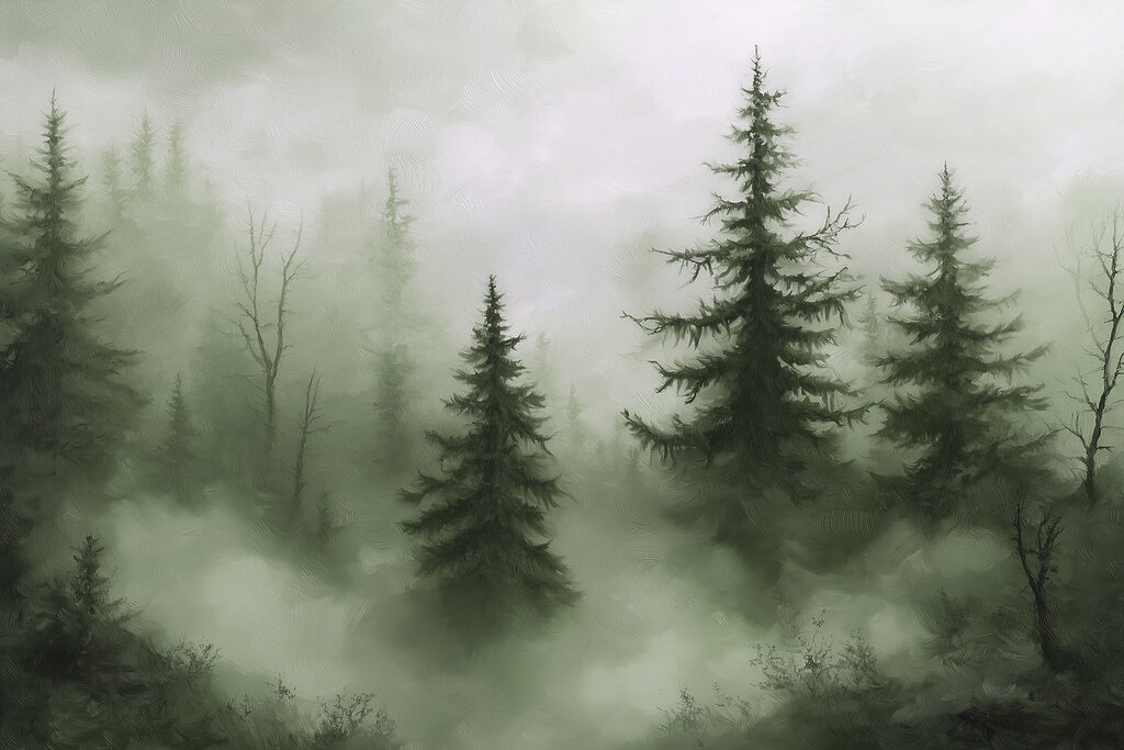 Dunkle Tannen im Nebel — ganzes Design