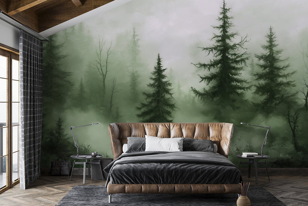 Dunkle Tannen im Nebel in einem Interieur
