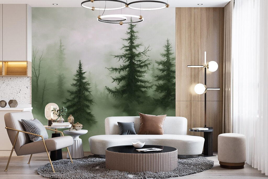 Dunkle Tannen im Nebel in einem Interieur