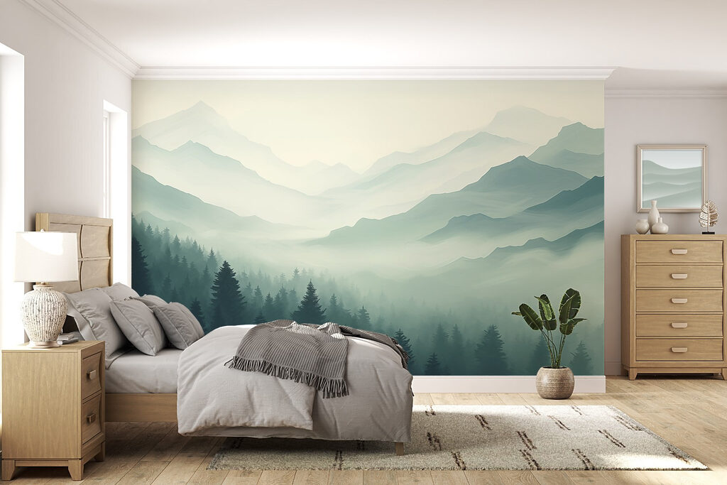 Tannen vor nebligen Bergkämmen in einem Interieur