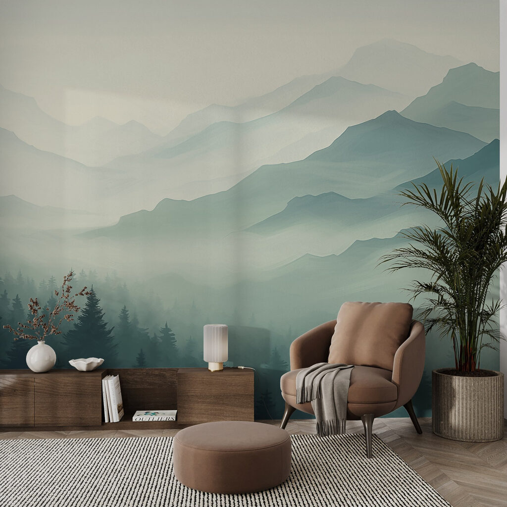 Tannen vor nebligen Bergkämmen in einem Interieur