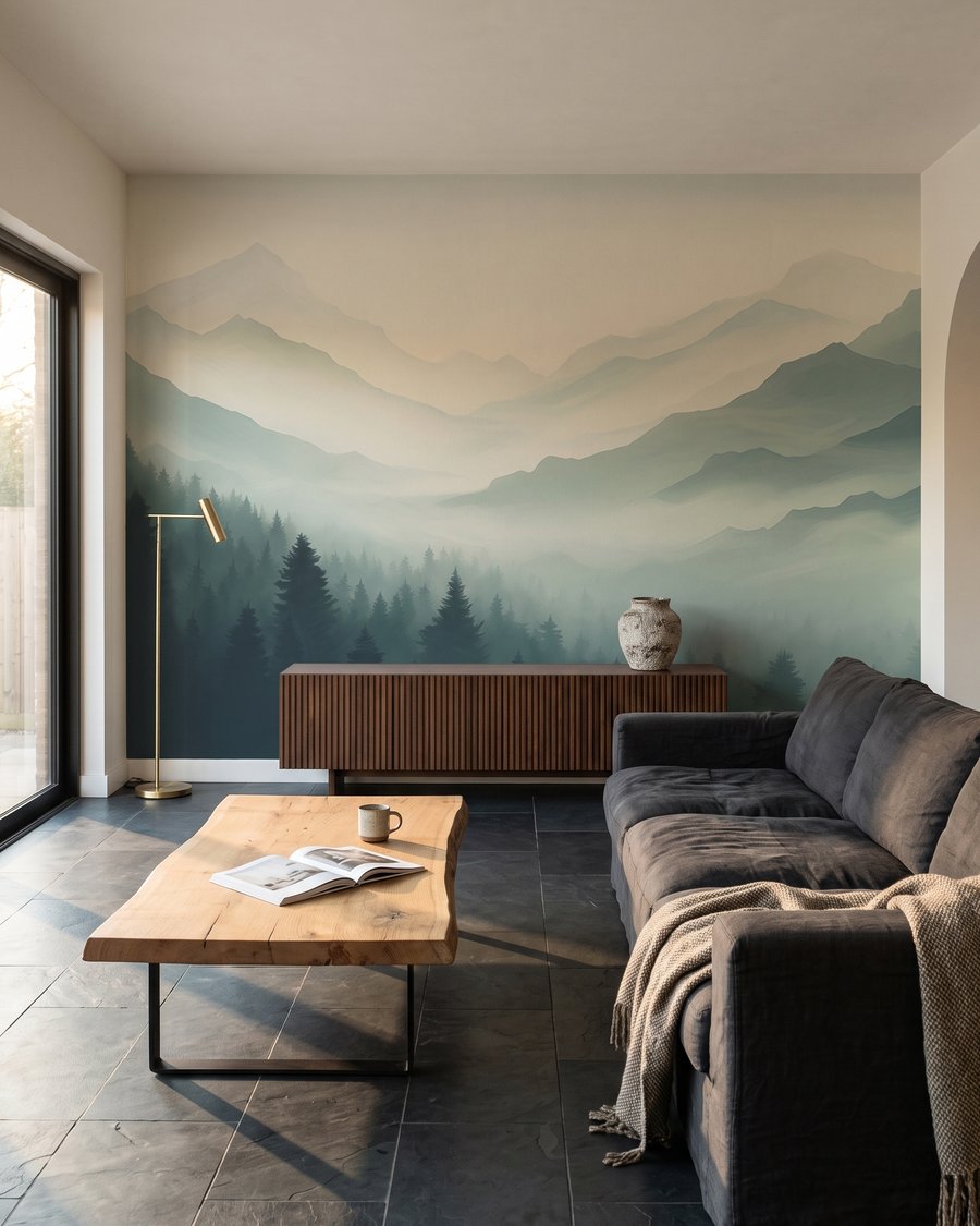 Tannen vor nebligen Bergkämmen in einem Interieur