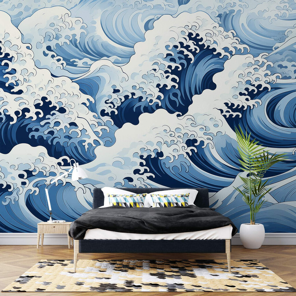 Blaue Wellen mit Schaumkronen in einem Interieur