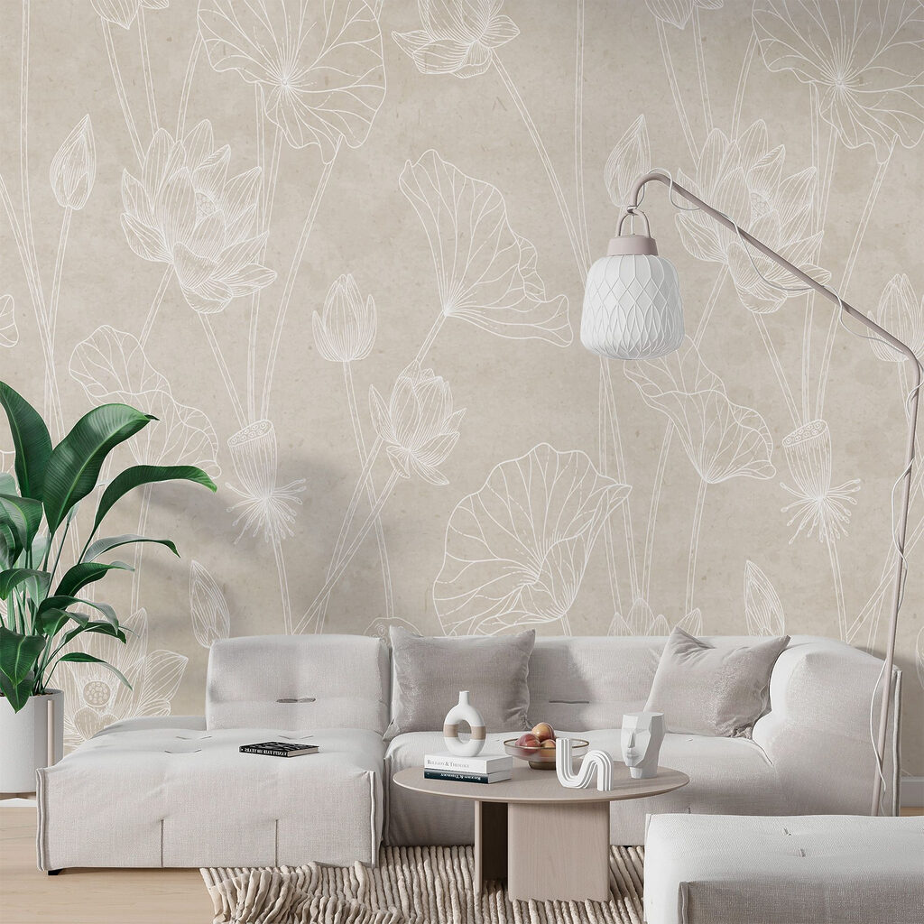 Fein umrissene weiße Blüten in einem Interieur
