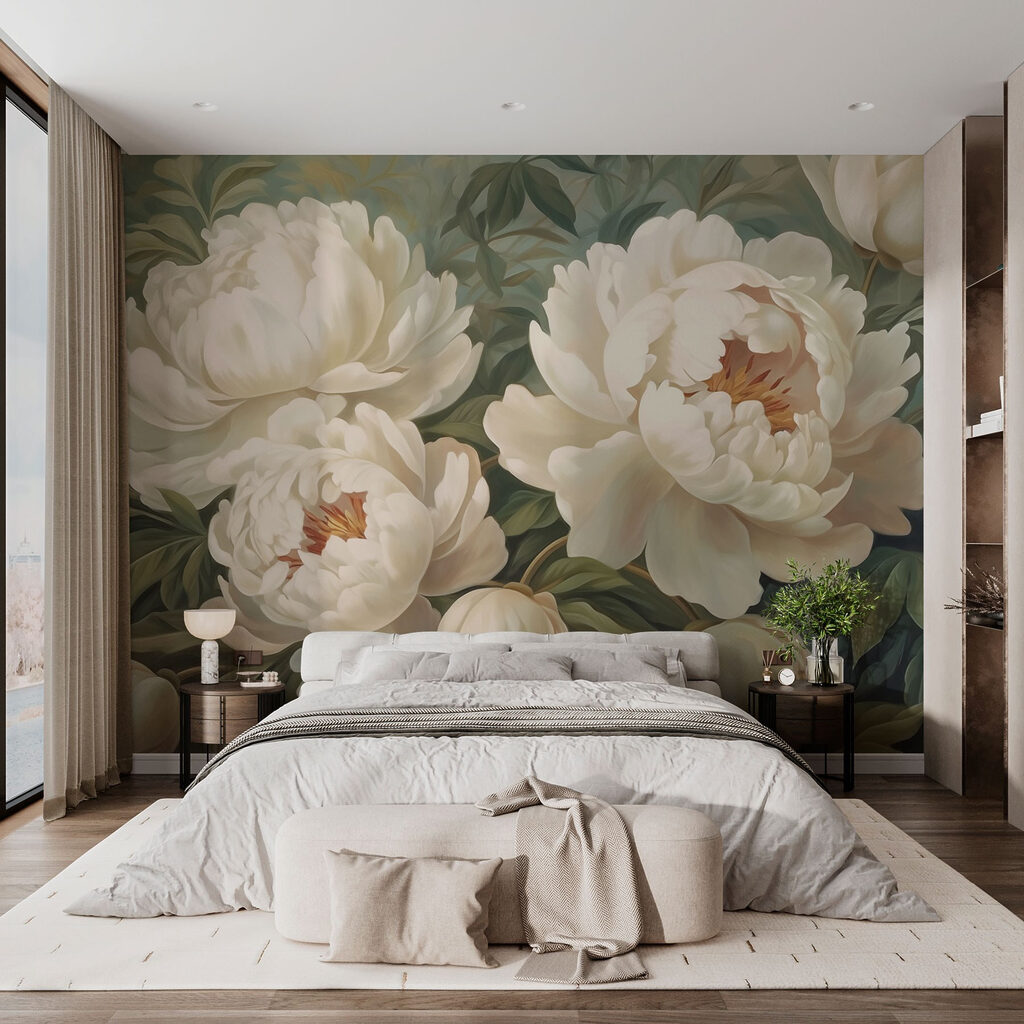 Cremeweiße Blüten auf Graugrün in einem Interieur