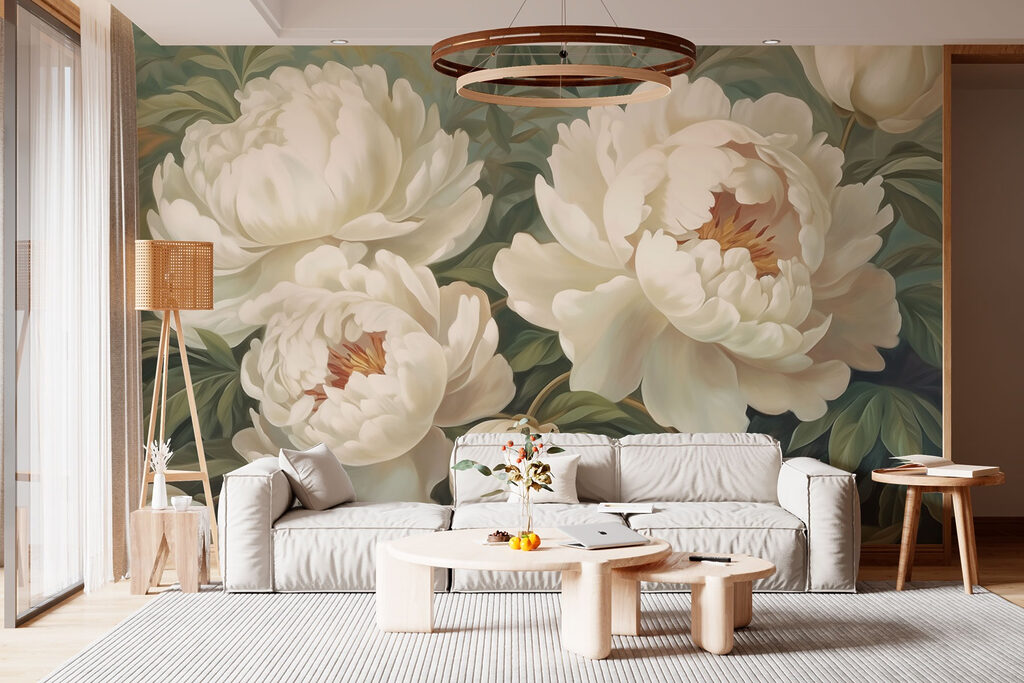 Cremeweiße Blüten auf Graugrün in einem Interieur