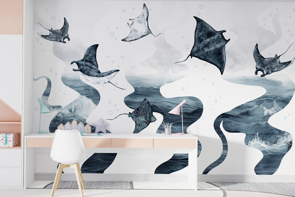Rochen über fließenden Wellen in einem Interieur