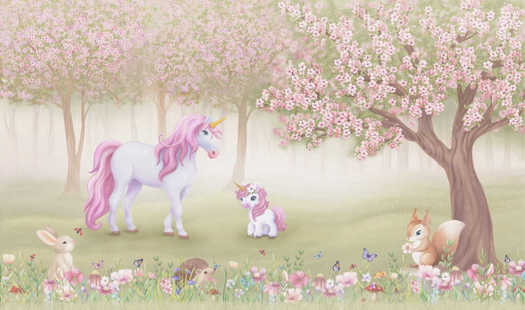 Einhörner unter rosa Blüten — ganzes Design