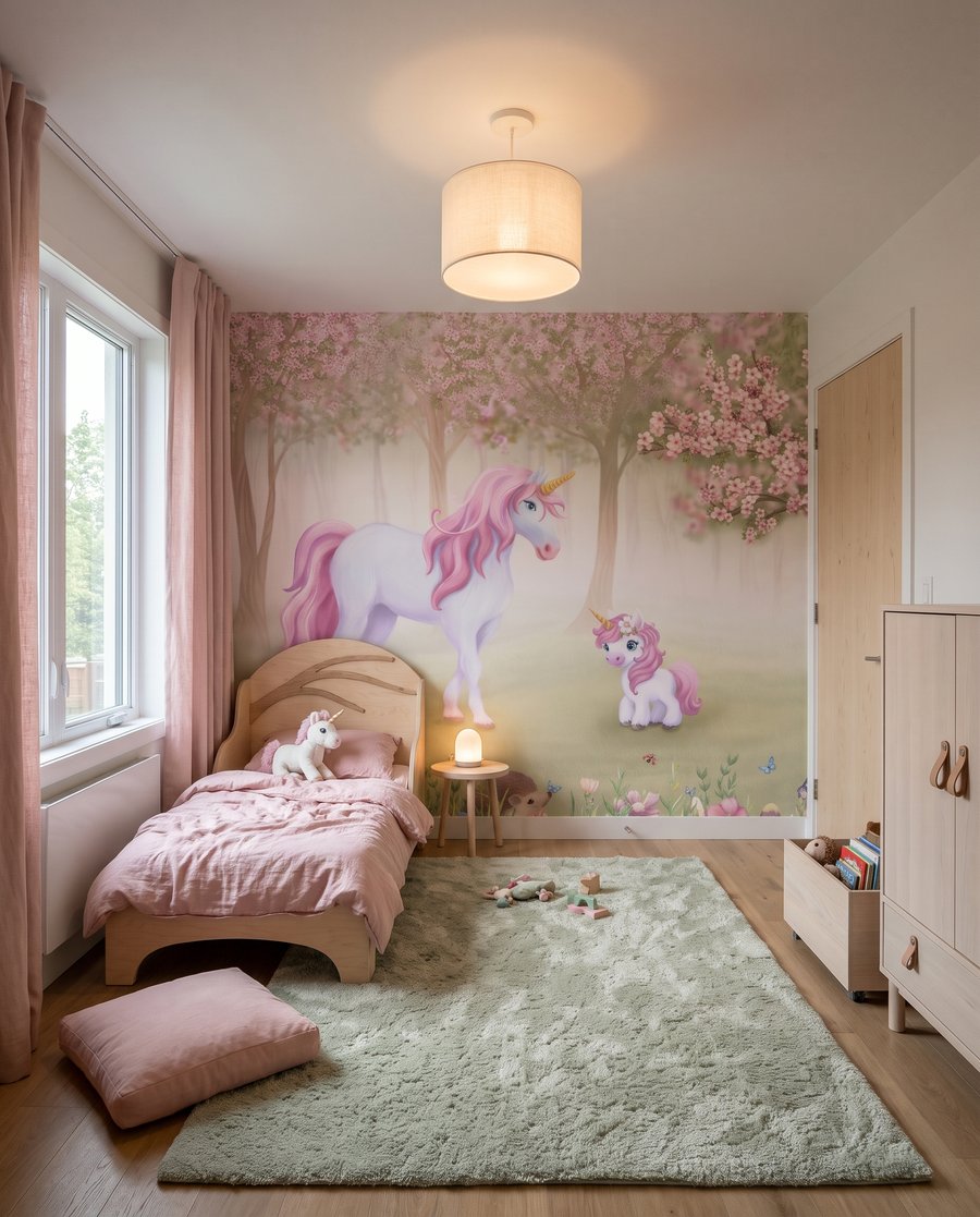 Einhörner unter rosa Blüten in einem Interieur
