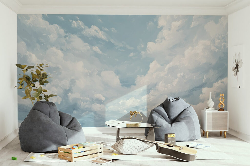 Wolken am hellblauen Himmel in einem Interieur