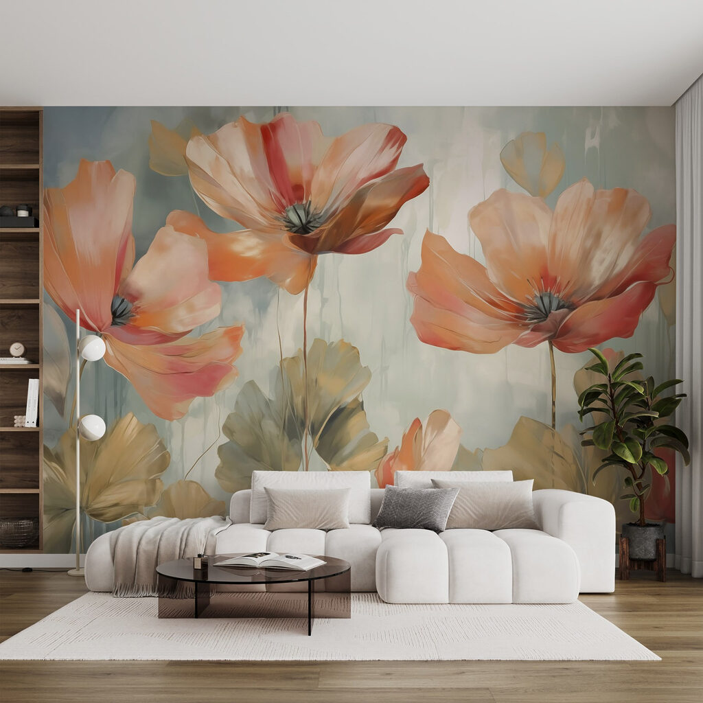 Gemalte orangefarbene Blüten in einem Interieur