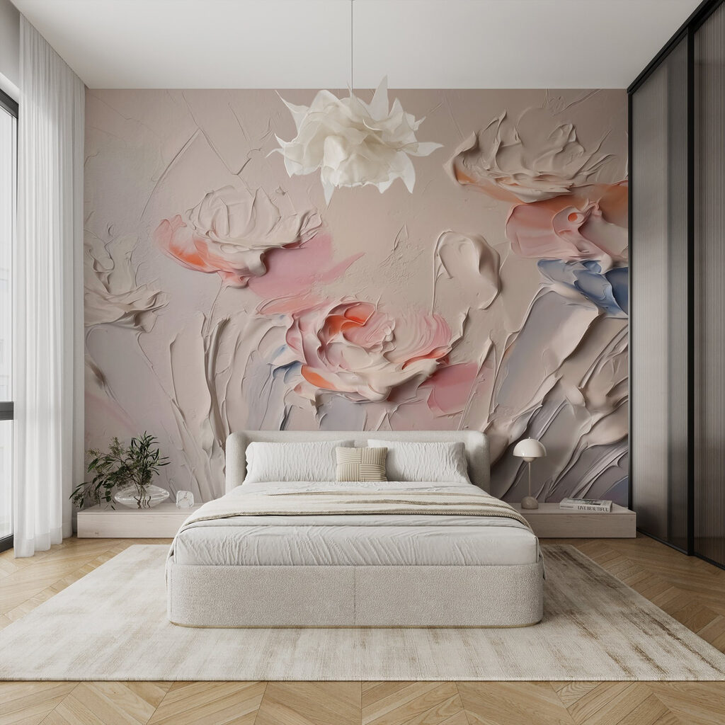 Grob gemalte rosa Blüten in einem Interieur