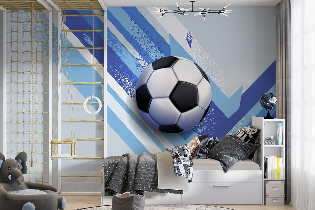 Fußball zwischen schrägen Farbbahnen in einem Interieur