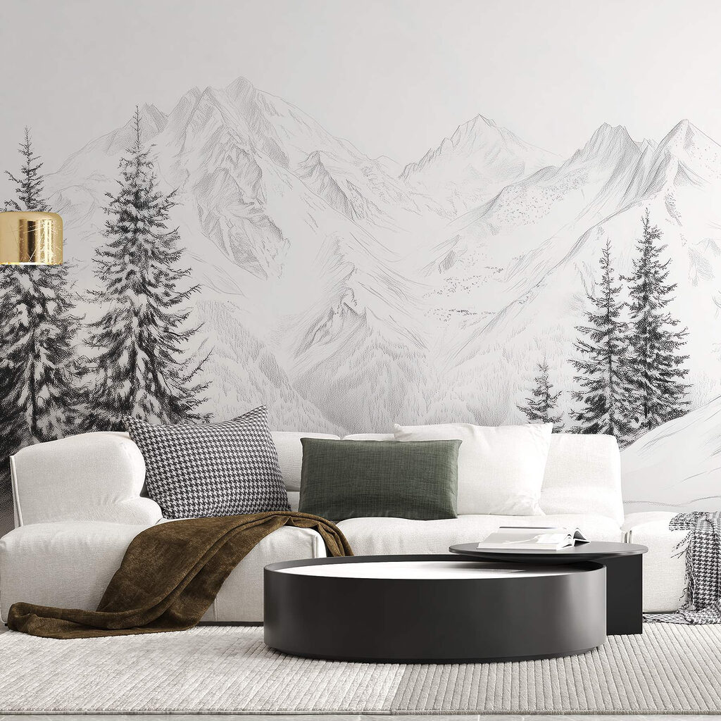 Kiefern vor weißen Gipfeln in einem Interieur