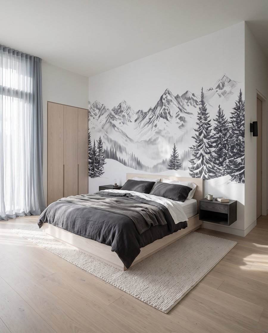Bergkamm zwischen dunklen Kiefern in einem Interieur