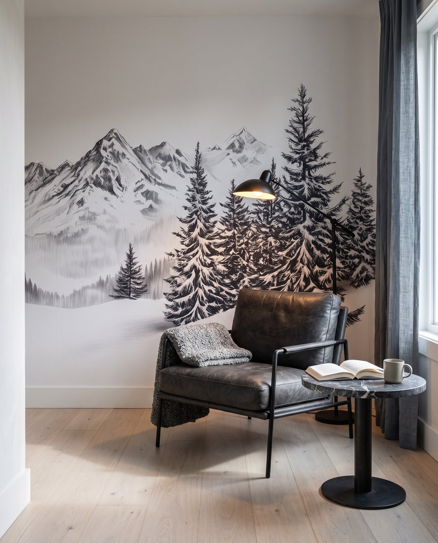 Bergkamm zwischen dunklen Kiefern in einem Interieur