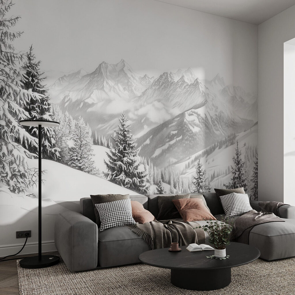 Schneehang mit Fernblick in einem Interieur
