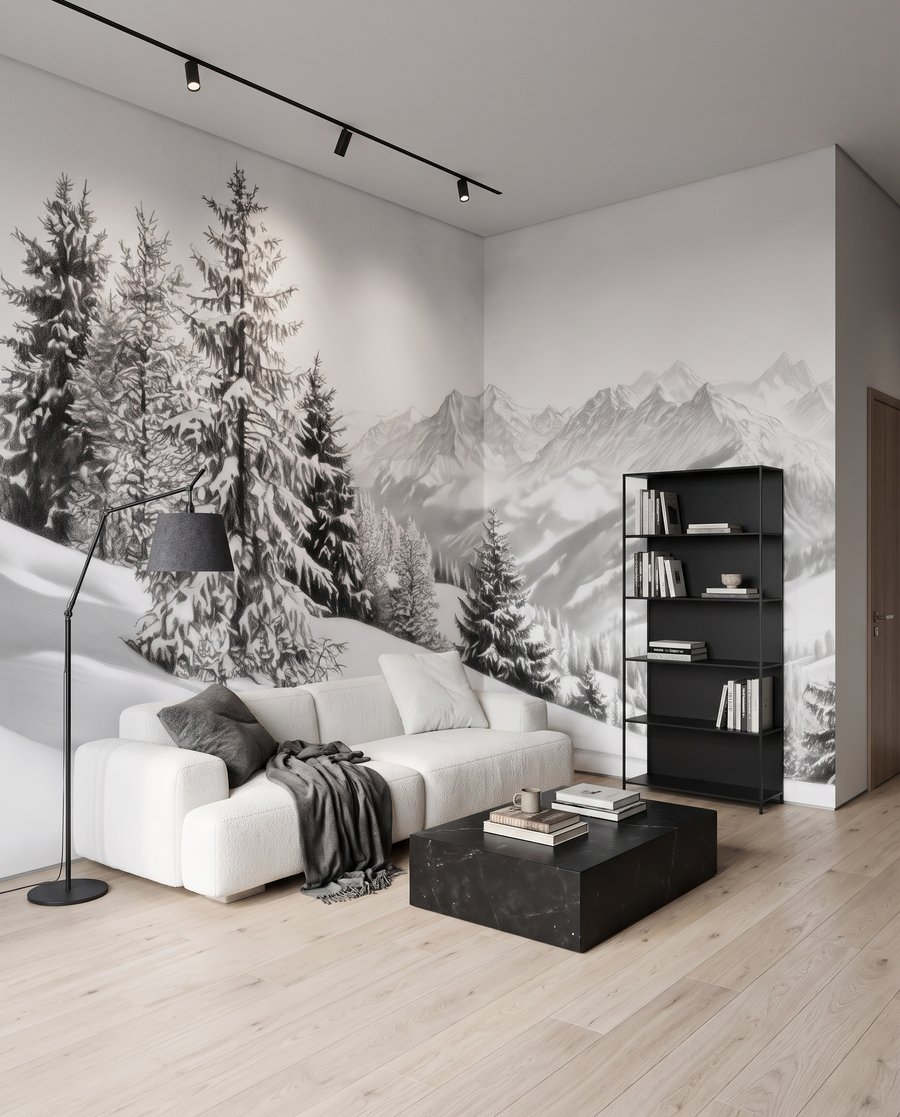 Schneehang mit Fernblick in einem Interieur