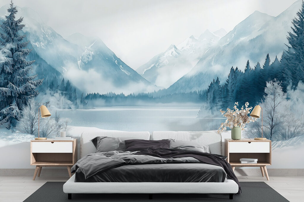 Wintersee im kühlen Nebel in einem Interieur