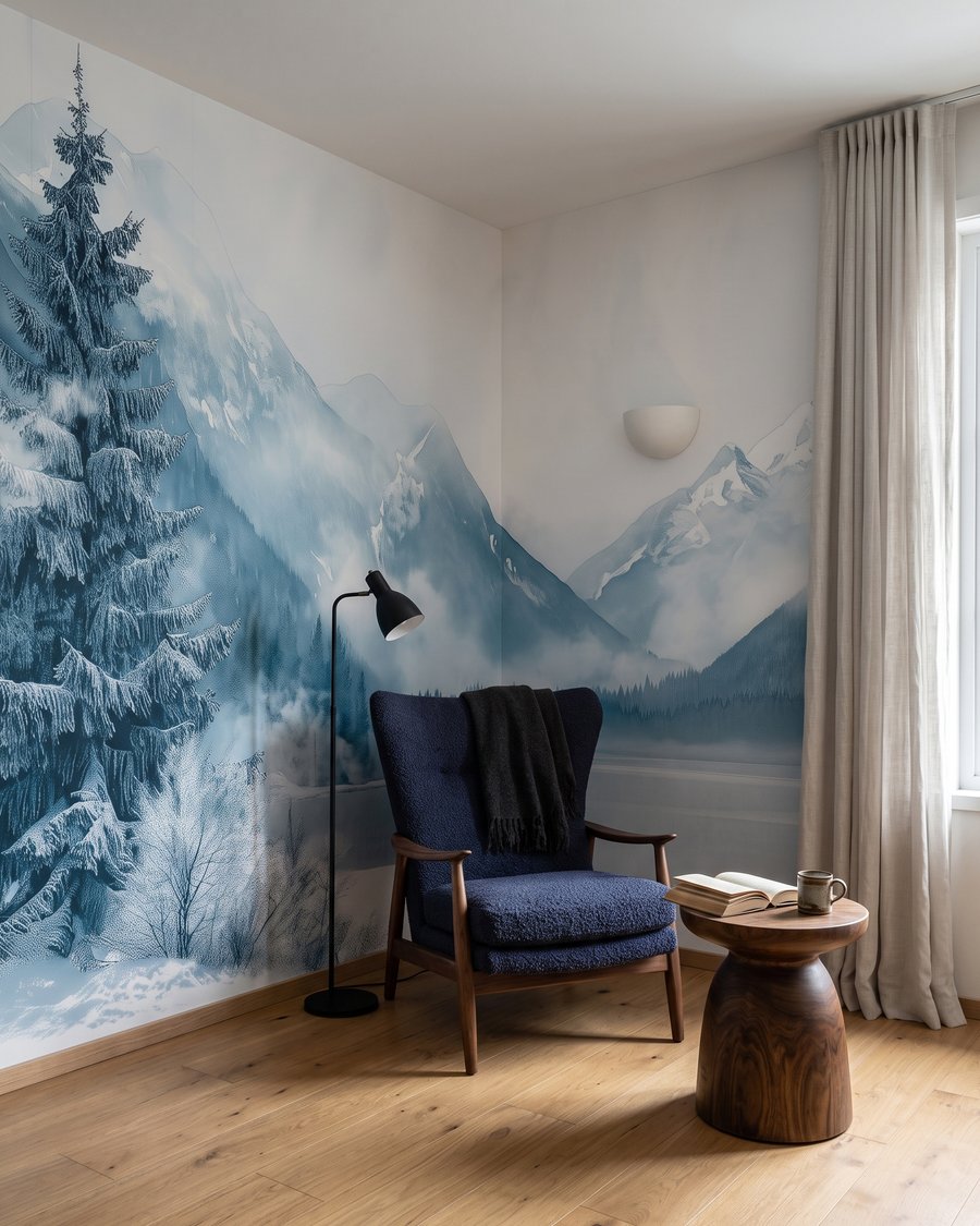 Wintersee im kühlen Nebel in einem Interieur
