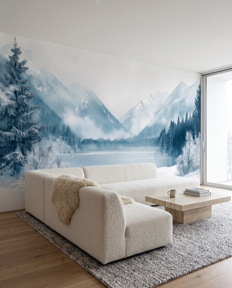 Wintersee im kühlen Nebel in einem Interieur